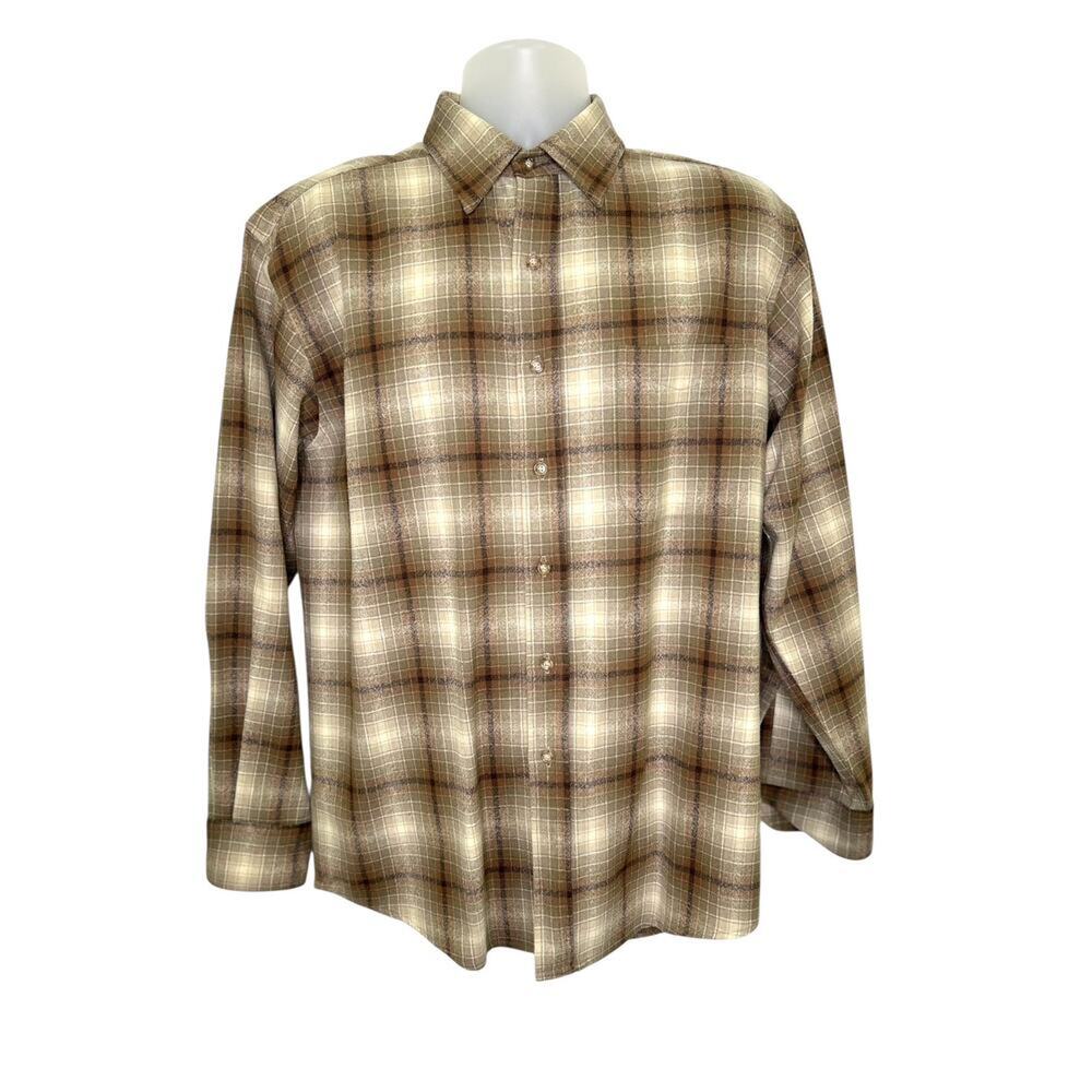 Pendleton Mens Brown Cream Plaid Wool Outdoors Long Sleeve Flannel Shirt Med